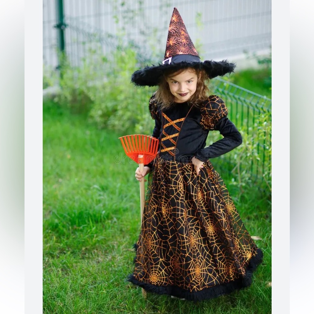 Hallow’s Eve witch dress Halloween costume black orange spiderwebs broom 7-8yo